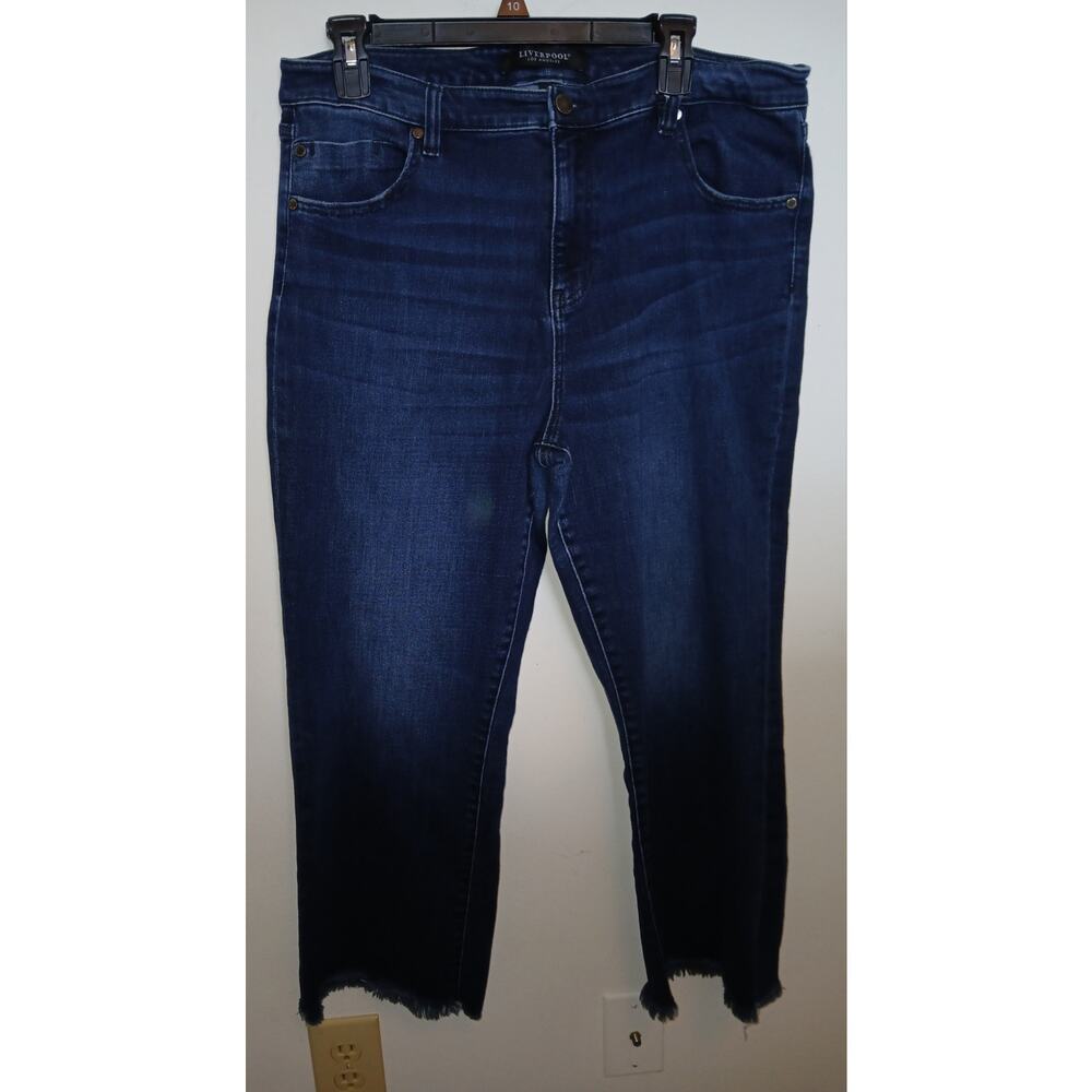 Liverpool Frayed Ends Cropped 16 Blue Jeans Stretch High Waist Straight Wide Leg